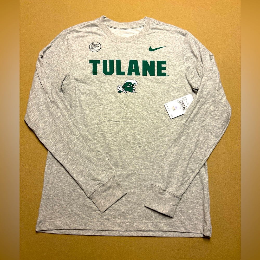New Men’s Nike Dri-Fit Tulane Green Wave Gray Long Sleeve T-shirt Small S Tee